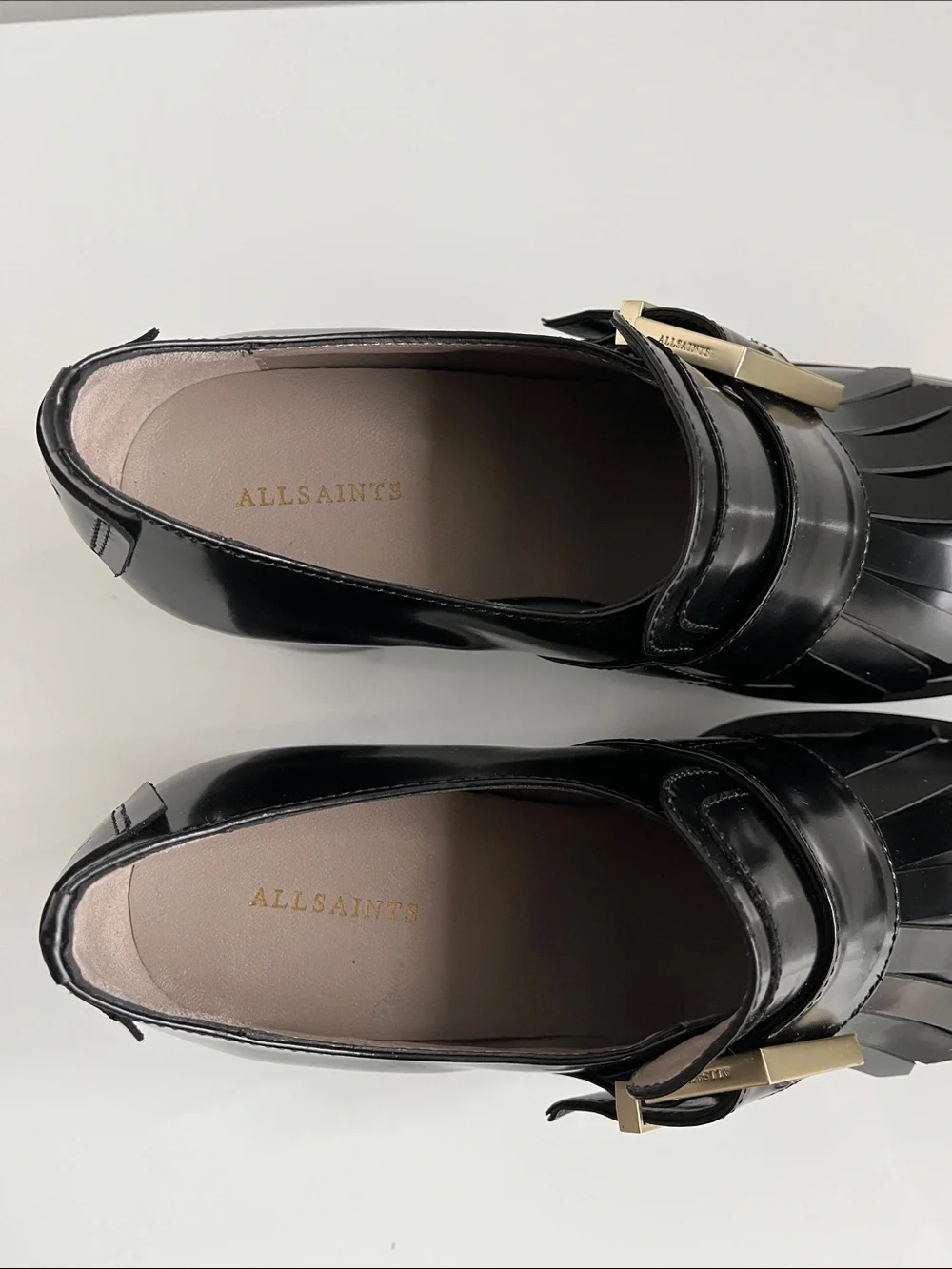 All Saints “ZIA” Black Leather Kiltie Loafers with Gold Buckle